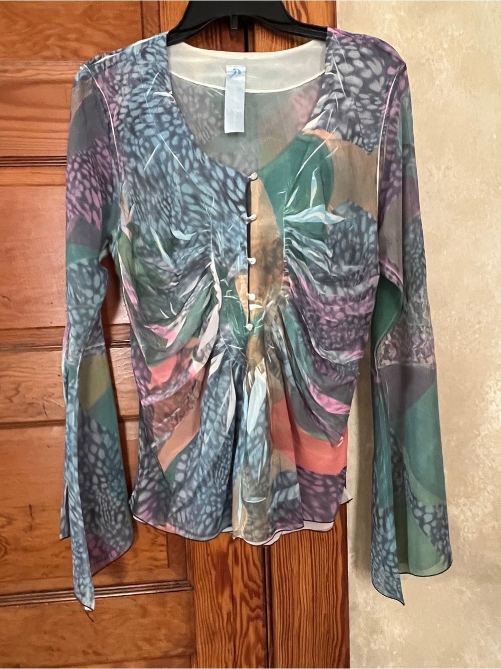 Colorful Festival Bohemian Sheer Chiffon Lace Flared Sleeve Party Blouse Size M